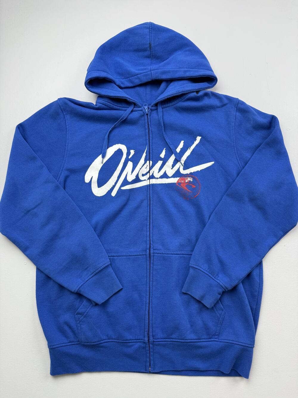 O'Neill Hoodie Sweatshirt Mens Large Blue Full Zip Fleece Script Logo Graphic